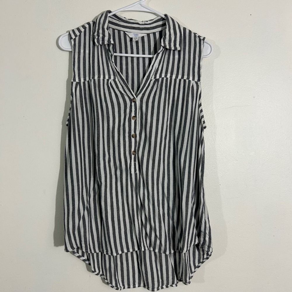 Time and Tru Striped Sleeveless Top Button Down Collared Tunic Womens Size S